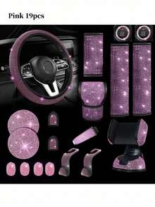 19pcs Shiny Car Accessories Set, Designed For Women, Including Steering Wheel Cover, Seatbelt Cover, Gear Shift Knob Cover, Phone Holder, Cup Holder, Cute Car Decor Kit, Car Interior Accessories Set (Black, White, Pink, Red)