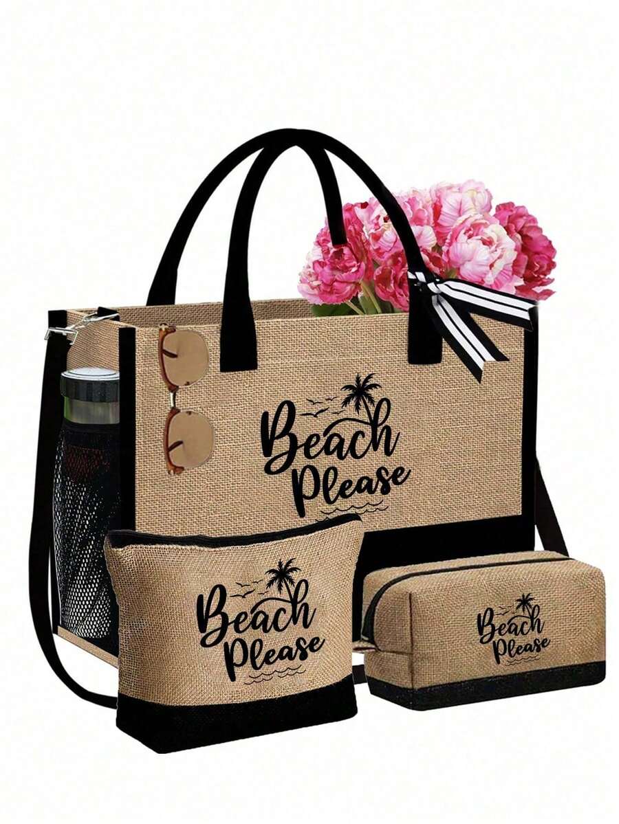Crno-bež "Beach Please" set od 4 komada sa plažnom torbom