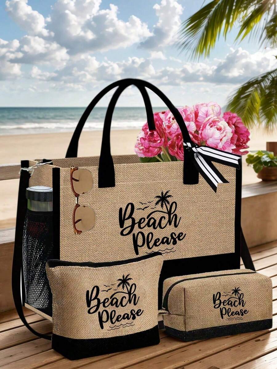 Crno-bež "Beach Please" set od 4 komada sa plažnom torbom