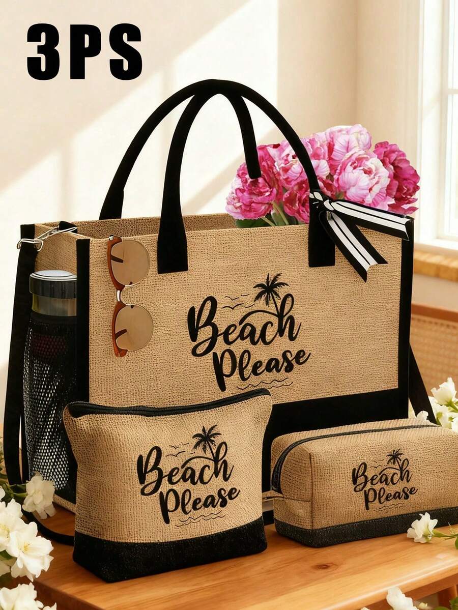 Crno-bež "Beach Please" set od 4 komada sa plažnom torbom