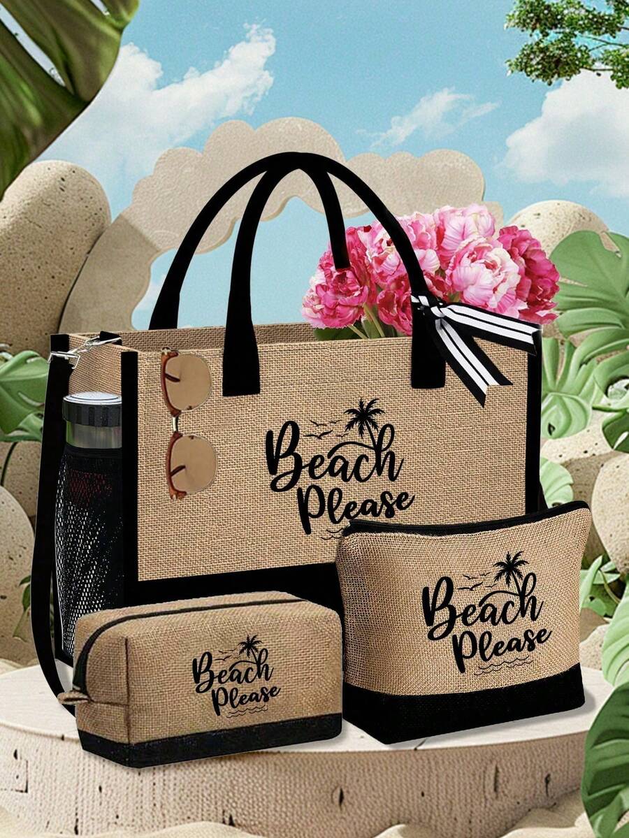 Crno-bež "Beach Please" set od 4 komada sa plažnom torbom