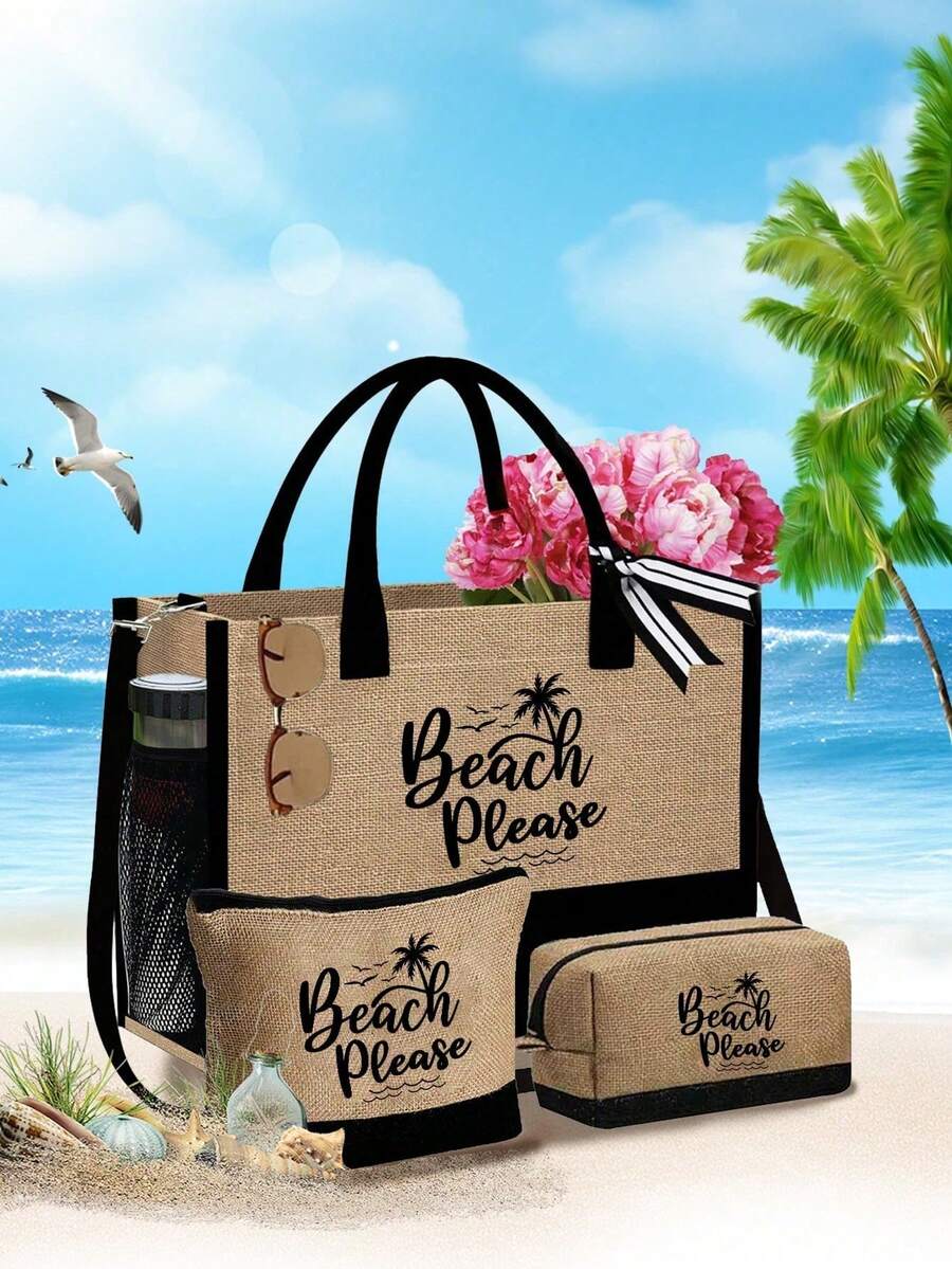 Crno-bež "Beach Please" set od 4 komada sa plažnom torbom