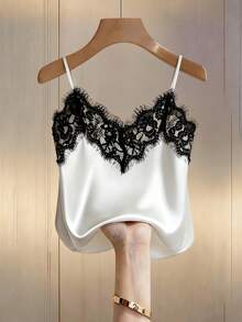 EMERY ROSE Sexy Fitted Lace Patchwork Satin Camisole Top, Summer Beach Vacation Casual Travel Chic Vest For Women