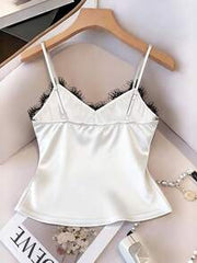 EMERY ROSE Sexy Fitted Lace Patchwork Satin Camisole Top, Summer Beach Vacation Casual Travel Chic Vest For Women