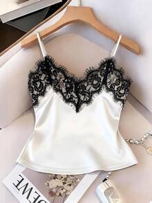 EMERY ROSE Sexy Fitted Lace Patchwork Satin Camisole Top, Summer Beach Vacation Casual Travel Chic Vest For Women