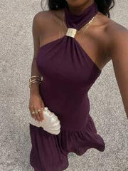 SHEIN Glamour Women's Dark Purple Summer Elegant Party Maxi Dress,Vintage Halter Neck Backless Mesh Panel Evening Gown, High-Waisted Pleated Long Formal Dress