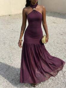 SHEIN Glamour Women's Dark Purple Summer Elegant Party Maxi Dress,Vintage Halter Neck Backless Mesh Panel Evening Gown, High-Waisted Pleated Long Formal Dress