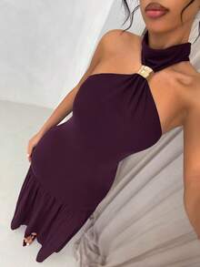 SHEIN Glamour Women's Dark Purple Summer Elegant Party Maxi Dress,Vintage Halter Neck Backless Mesh Panel Evening Gown, High-Waisted Pleated Long Formal Dress