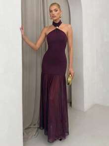 SHEIN Glamour Women's Dark Purple Summer Elegant Party Maxi Dress,Vintage Halter Neck Backless Mesh Panel Evening Gown, High-Waisted Pleated Long Formal Dress