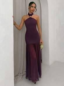 SHEIN Glamour Women's Dark Purple Summer Elegant Party Maxi Dress,Vintage Halter Neck Backless Mesh Panel Evening Gown, High-Waisted Pleated Long Formal Dress