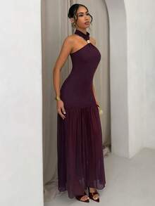SHEIN Glamour Women's Dark Purple Summer Elegant Party Maxi Dress,Vintage Halter Neck Backless Mesh Panel Evening Gown, High-Waisted Pleated Long Formal Dress