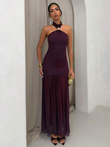 SHEIN Glamour Women's Dark Purple Summer Elegant Party Maxi Dress,Vintage Halter Neck Backless Mesh Panel Evening Gown, High-Waisted Pleated Long Formal Dress