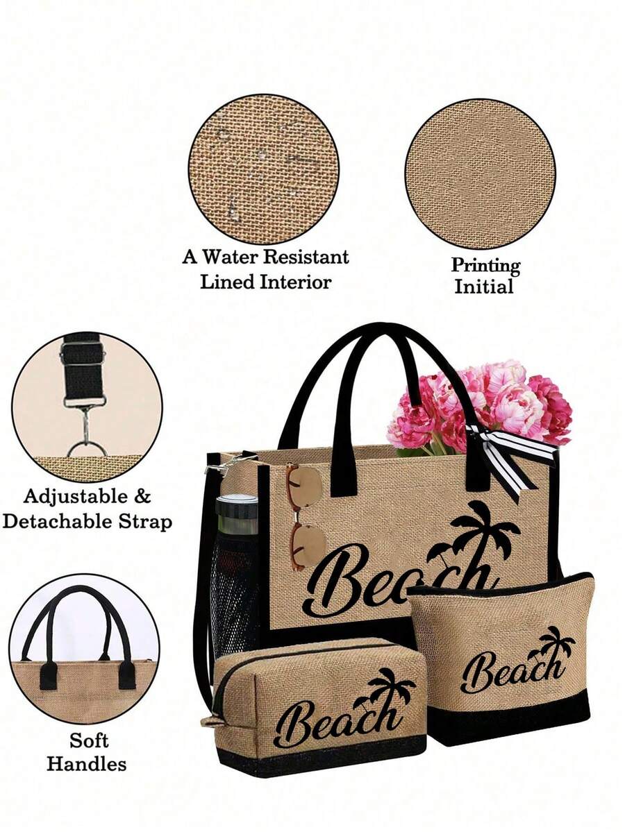 Crno-bež "Beach Please" set od 4 komada sa plažnom torbom