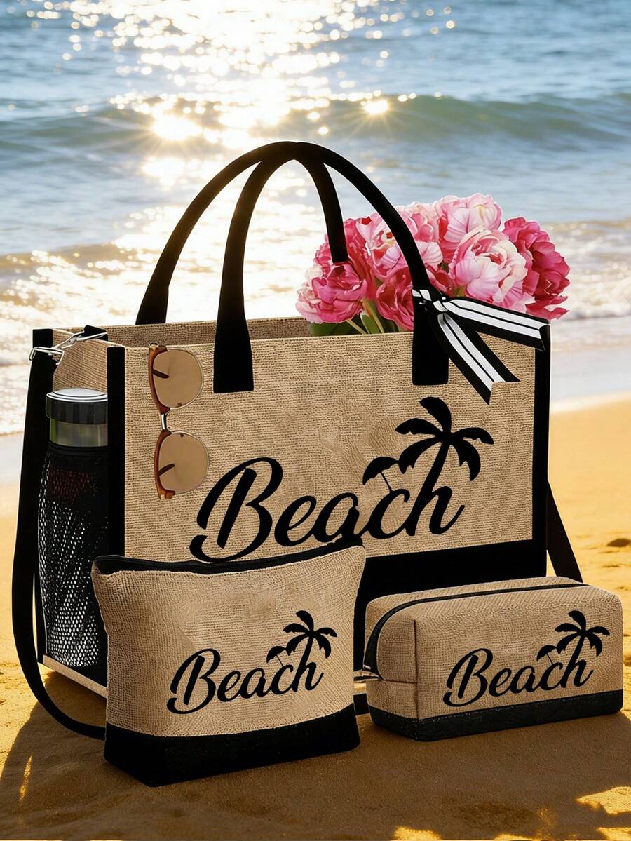 Crno-bež "Beach Please" set od 4 komada sa plažnom torbom