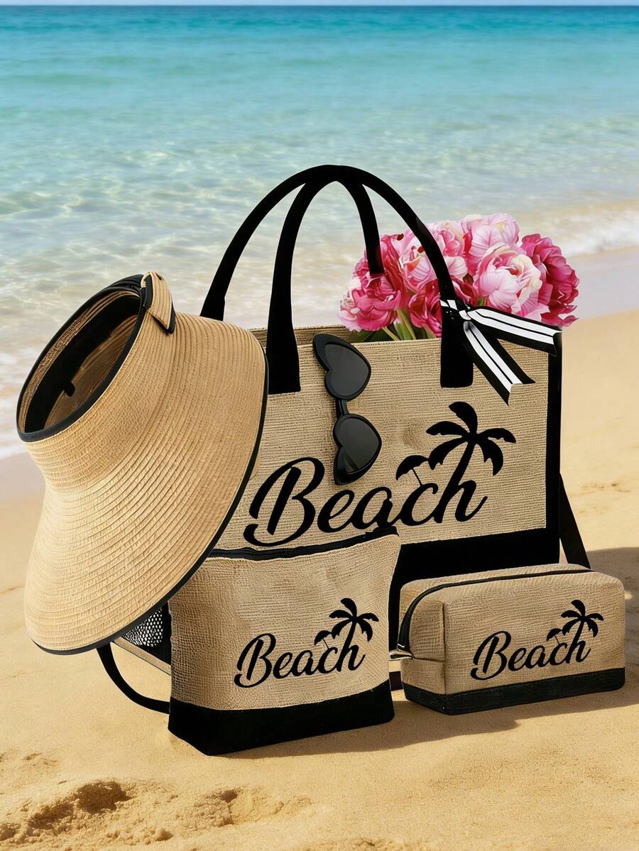 Crno-bež "Beach Please" set od 4 komada sa plažnom torbom