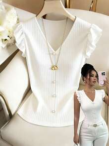 Elenzga Women's Solid Color V-Neck Faux Pearl Button Design Flutter Sleeve T-Shirt