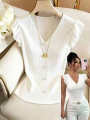 Elenzga Women's Solid Color V-Neck Faux Pearl Button Design Flutter Sleeve T-Shirt