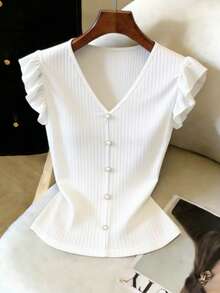 Elenzga Women's Solid Color V-Neck Faux Pearl Button Design Flutter Sleeve T-Shirt