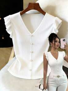 Elenzga Women's Solid Color V-Neck Faux Pearl Button Design Flutter Sleeve T-Shirt