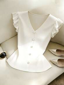 Elenzga Women's Solid Color V-Neck Faux Pearl Button Design Flutter Sleeve T-Shirt