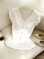 Elenzga Women's Solid Color V-Neck Faux Pearl Button Design Flutter Sleeve T-Shirt
