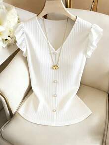Elenzga Women's Solid Color V-Neck Faux Pearl Button Design Flutter Sleeve T-Shirt