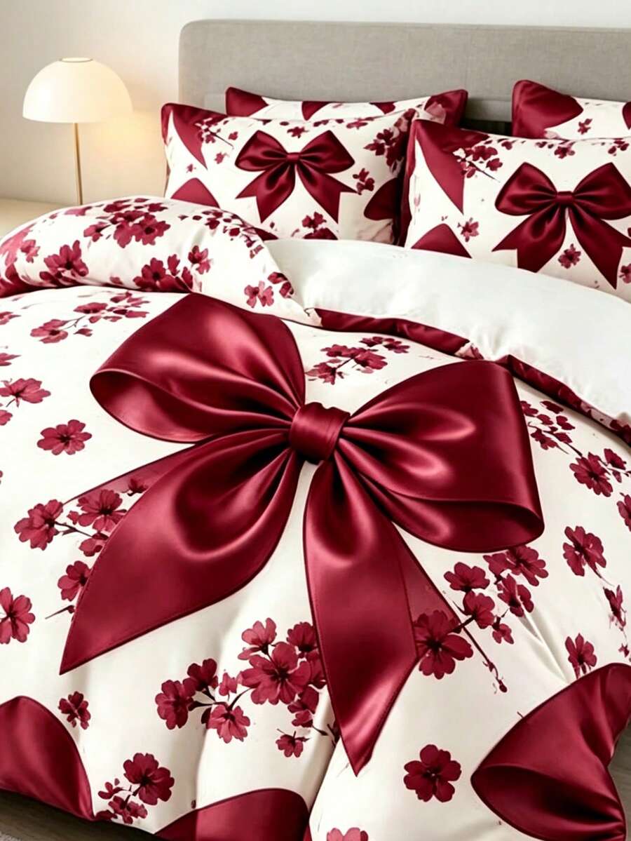 Elegantan set posteljine sa mašnom 3 kom (1 prekrivač za jorgan + 2 jastučnice, punjenje jastuka nije uključeno