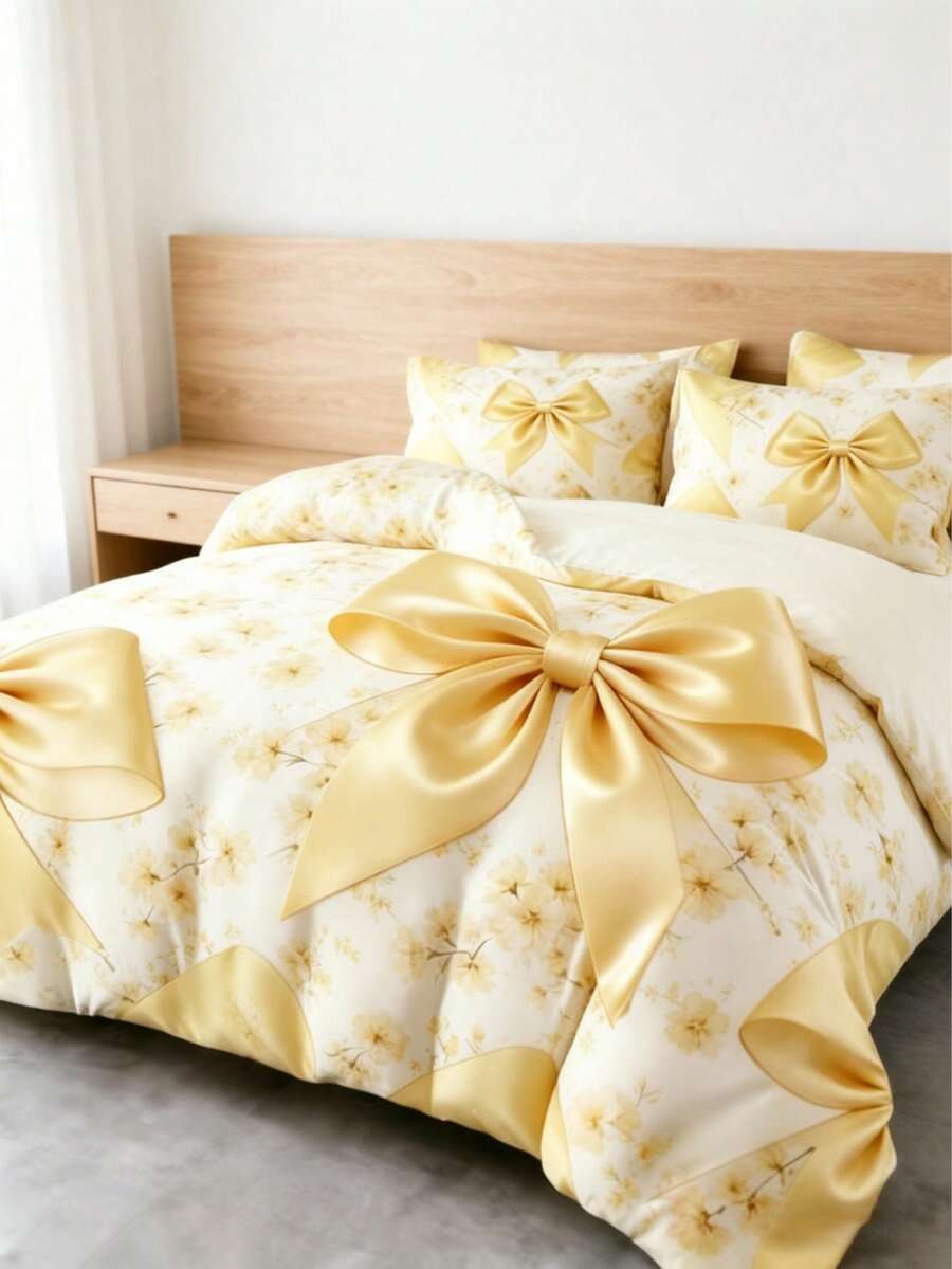 Elegantan set posteljine sa mašnom 3 kom (1 prekrivač za jorgan + 2 jastučnice, punjenje jastuka nije uključeno