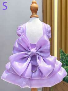 Fashionable High-Gloss Pet Dress With Romantic Puff Sleeves And Big Bow