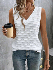 EMERY ROSE Spring Summer New White Textured V-Neck Vest For Women, Wave Jacquard Design Tank Top, Breathable Mesh Layering Essential Brunch Casual