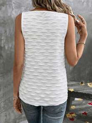 EMERY ROSE Spring Summer New White Textured V-Neck Vest For Women, Wave Jacquard Design Tank Top, Breathable Mesh Layering Essential Brunch Casual