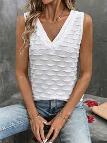 EMERY ROSE Spring Summer New White Textured V-Neck Vest For Women, Wave Jacquard Design Tank Top, Breathable Mesh Layering Essential Brunch Casual