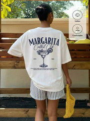 Muchica Women's Off-White Summer Casual Vacation Oversized T-Shirt,Margarita Cocktail Graphic Round Neck Short Sleeve Loose Fit Tee,Daily Party Y2K