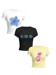 3pcs/Set Summer New Minimalist Fashion Floral & Shell Print Round Neck Short Sleeve Fitted T-Shirt, Versatile Casual Wear For Women