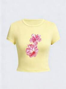 3pcs/Set Summer New Minimalist Fashion Floral & Shell Print Round Neck Short Sleeve Fitted T-Shirt, Versatile Casual Wear For Women