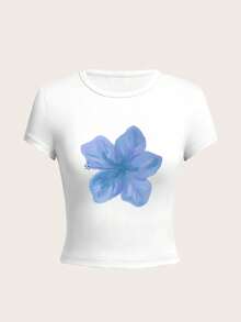 3pcs/Set Summer New Minimalist Fashion Floral & Shell Print Round Neck Short Sleeve Fitted T-Shirt, Versatile Casual Wear For Women