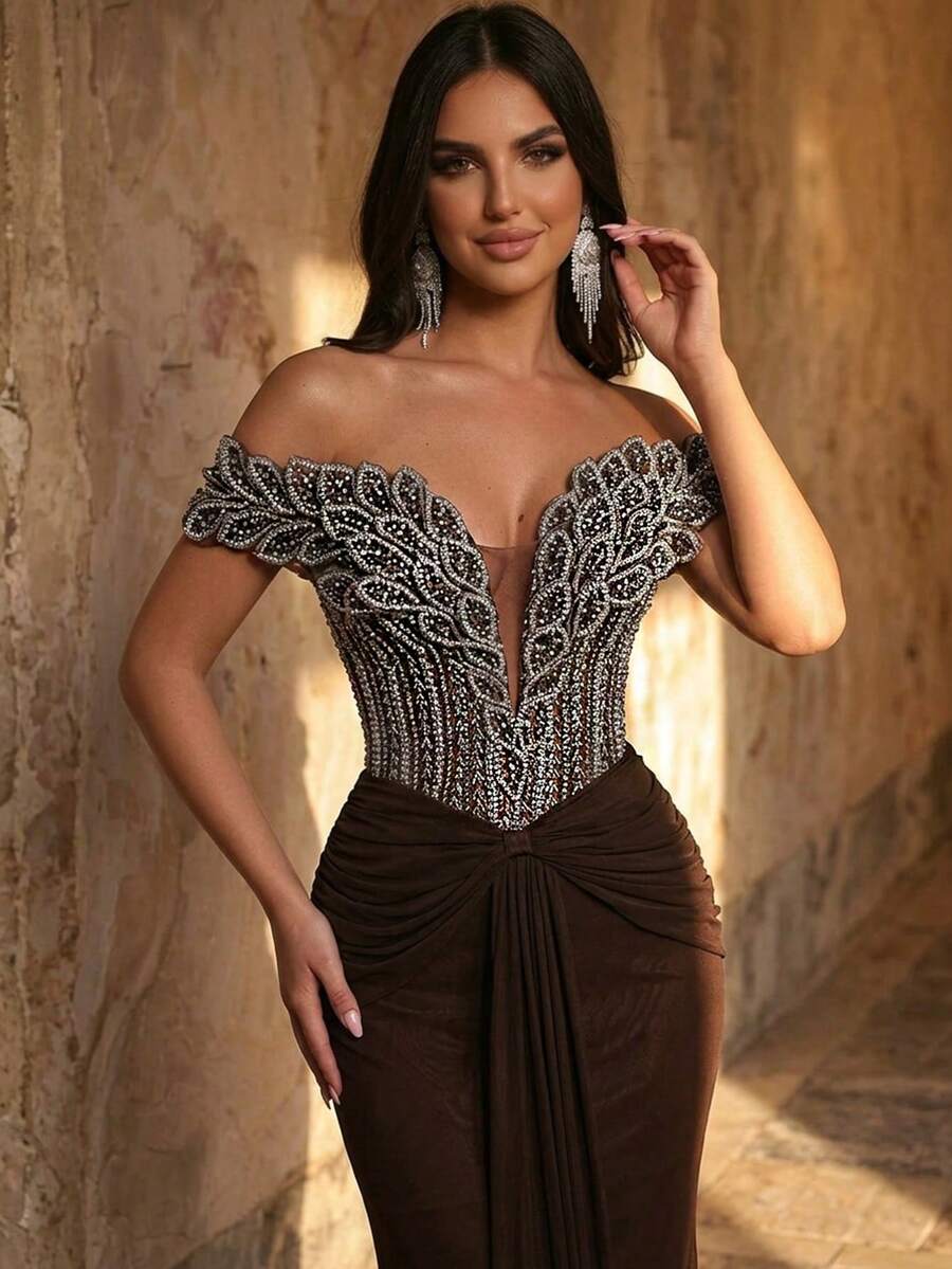 Elegantna luksuzna sirenina haljina za žene sa spuštenim ramenima