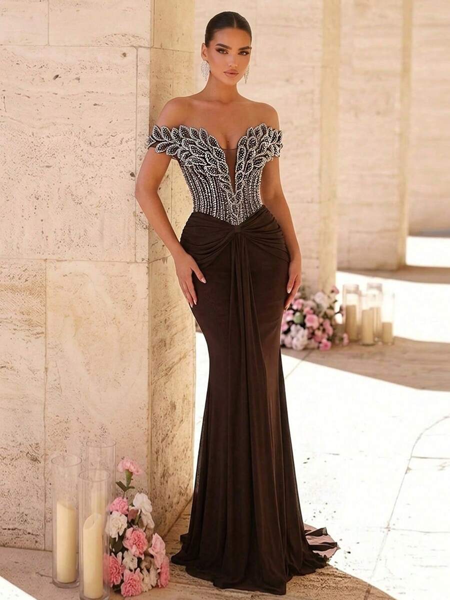 Elegantna luksuzna sirenina haljina za žene sa spuštenim ramenima