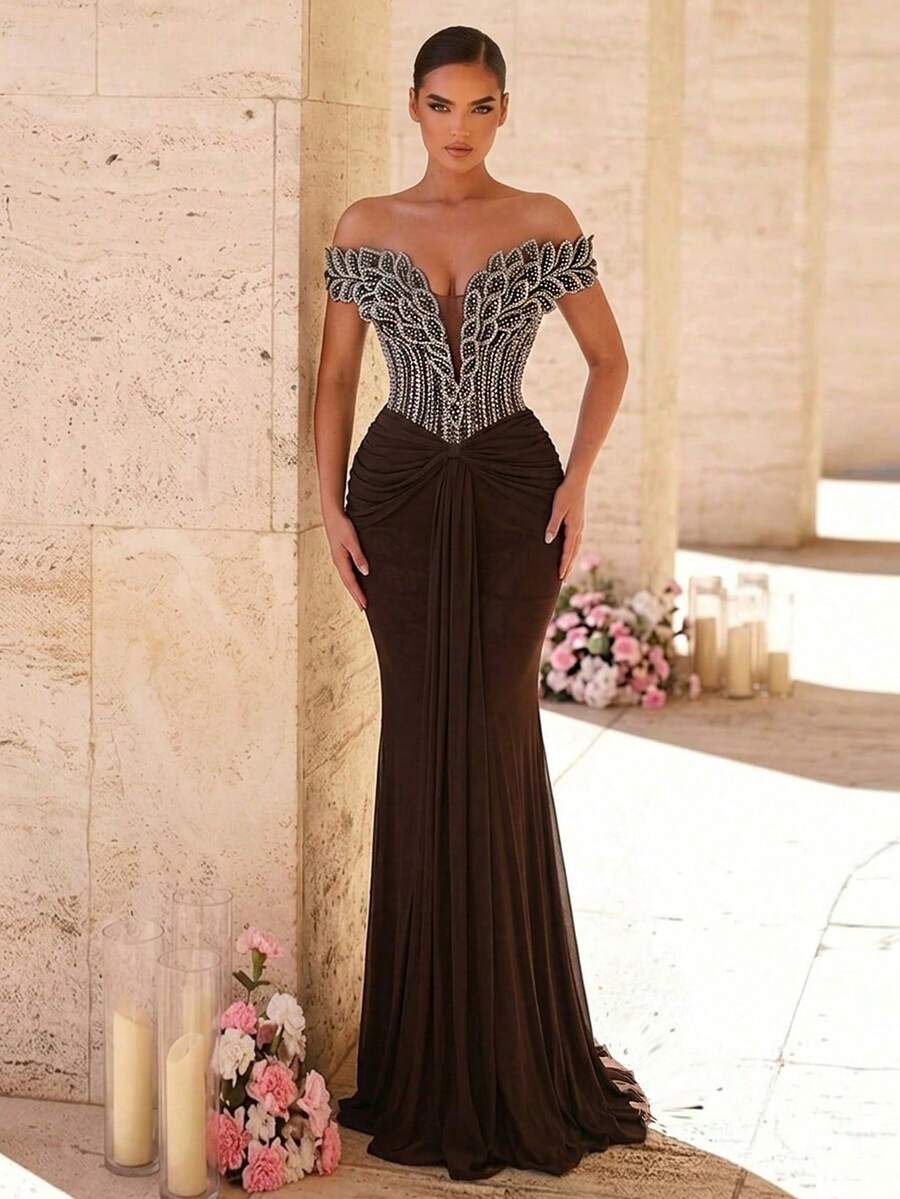 Elegantna luksuzna sirenina haljina za žene sa spuštenim ramenima