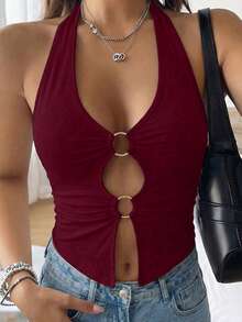 Sexy Fashionable Solid Color Hollow Ring Camisole Vest, New Spring/Summer Outdoor Top For Women Casual