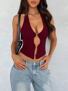 Sexy Fashionable Solid Color Hollow Ring Camisole Vest, New Spring/Summer Outdoor Top For Women Casual