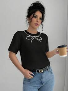 INAWLY Women Handmade Beaded Bowknot Round Neck T-Shirt