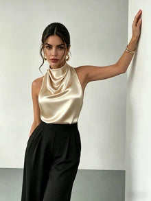 Women's Elegant Casual Charming Lapel Satin Camisole Backless Tie Strap Top, Suitable For Party, Beach, Vacation, Business, And Daily Wear Summer
