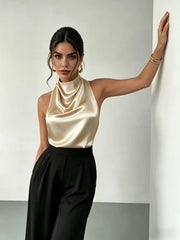 Women's Elegant Casual Charming Lapel Satin Camisole Backless Tie Strap Top, Suitable For Party, Beach, Vacation, Business, And Daily Wear Summer