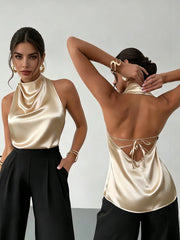 Women's Elegant Casual Charming Lapel Satin Camisole Backless Tie Strap Top, Suitable For Party, Beach, Vacation, Business, And Daily Wear Summer