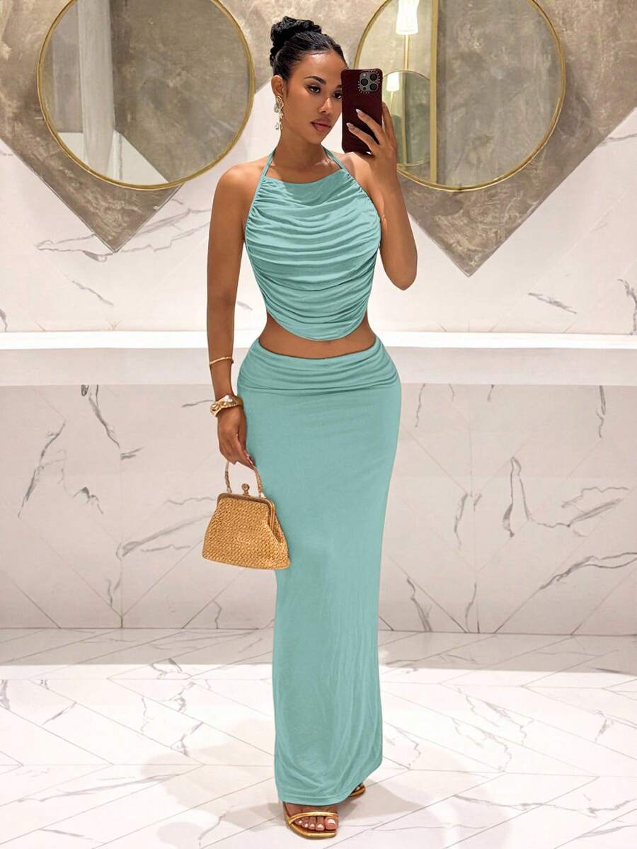 Ženski Set  - Halter Dekolte Ruffles Top & Maxi Suknja