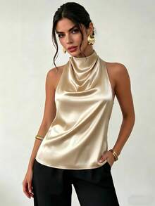 Women's Elegant Casual Charming Lapel Satin Camisole Backless Tie Strap Top, Suitable For Party, Beach, Vacation, Business, And Daily Wear Summer