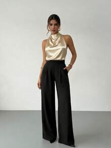 Women's Elegant Casual Charming Lapel Satin Camisole Backless Tie Strap Top, Suitable For Party, Beach, Vacation, Business, And Daily Wear Summer