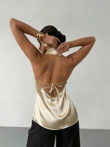Women's Elegant Casual Charming Lapel Satin Camisole Backless Tie Strap Top, Suitable For Party, Beach, Vacation, Business, And Daily Wear Summer