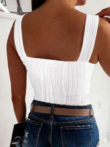 ChicMe Women's Square Neck Textured Sleeveless Tank Top, Slim Fit Casual Daily Versatile All-Match Shirt White Summer